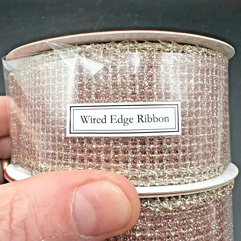 Pink Rose Gold Metallic Glitter Net Wired Edge Ribbon Set of 2 Roll 30'ea  ~ NEW